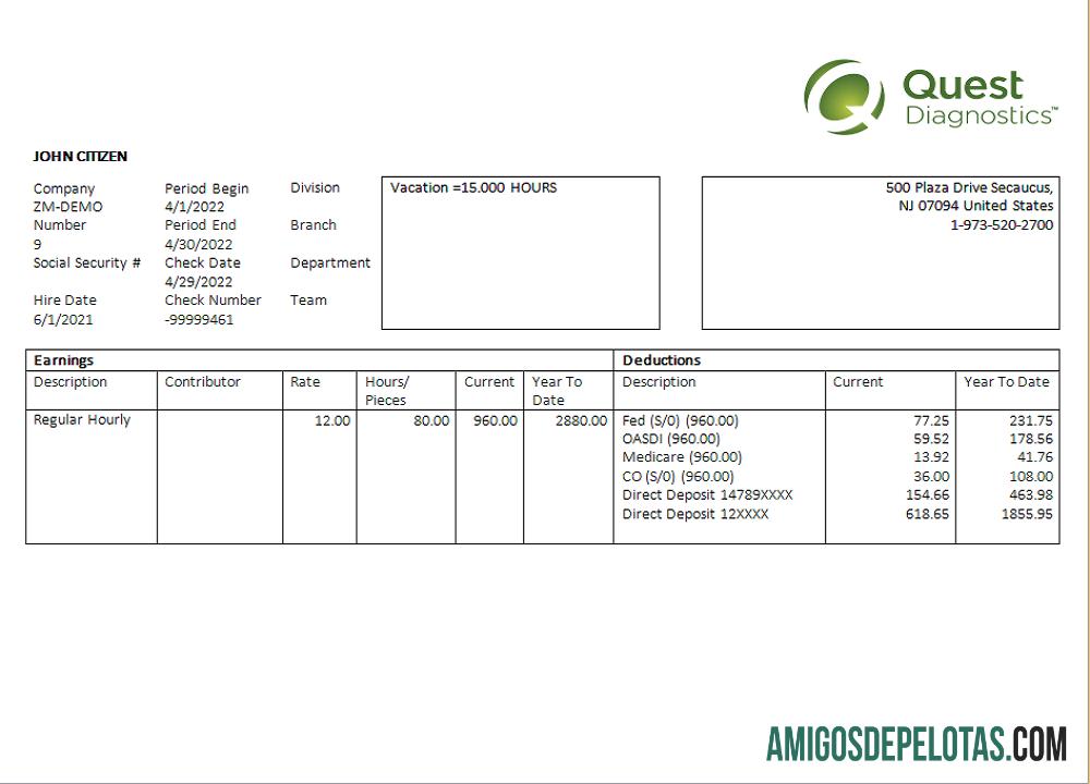 Folha de funcionários da empresa de diagnóstico dos EUA exemplo real